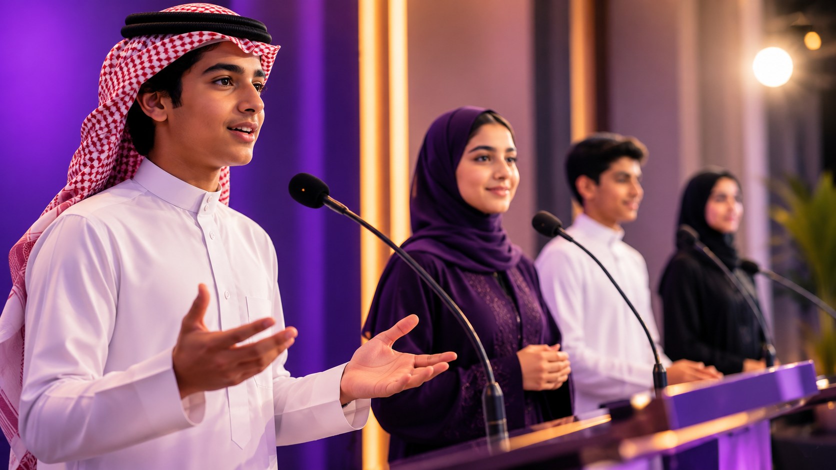 Young speakers practising at microphones