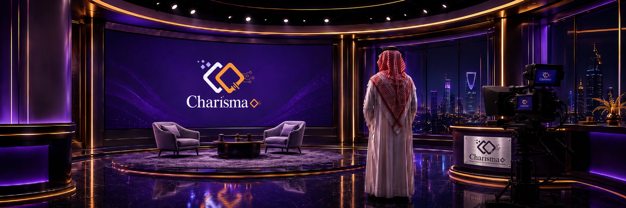 CharismaQ premium media studio with a presenter facing the CharismaQ branded screen and a Riyadh skyline